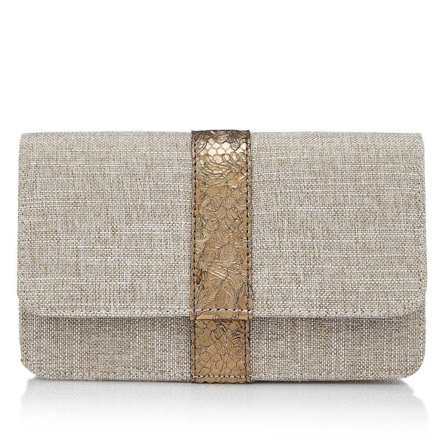 Coleccion Novias E Invitadas Just-ENE | Clutch De Tejido Natural De Color Crudo Con Franja Central Brocada En Oro Viejo